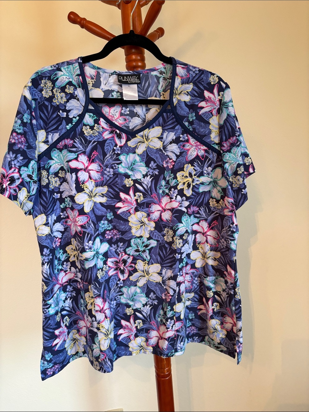 Cherokee Navy Floral Short Sleeve V-Neck Tee with Multi-Color Blooms